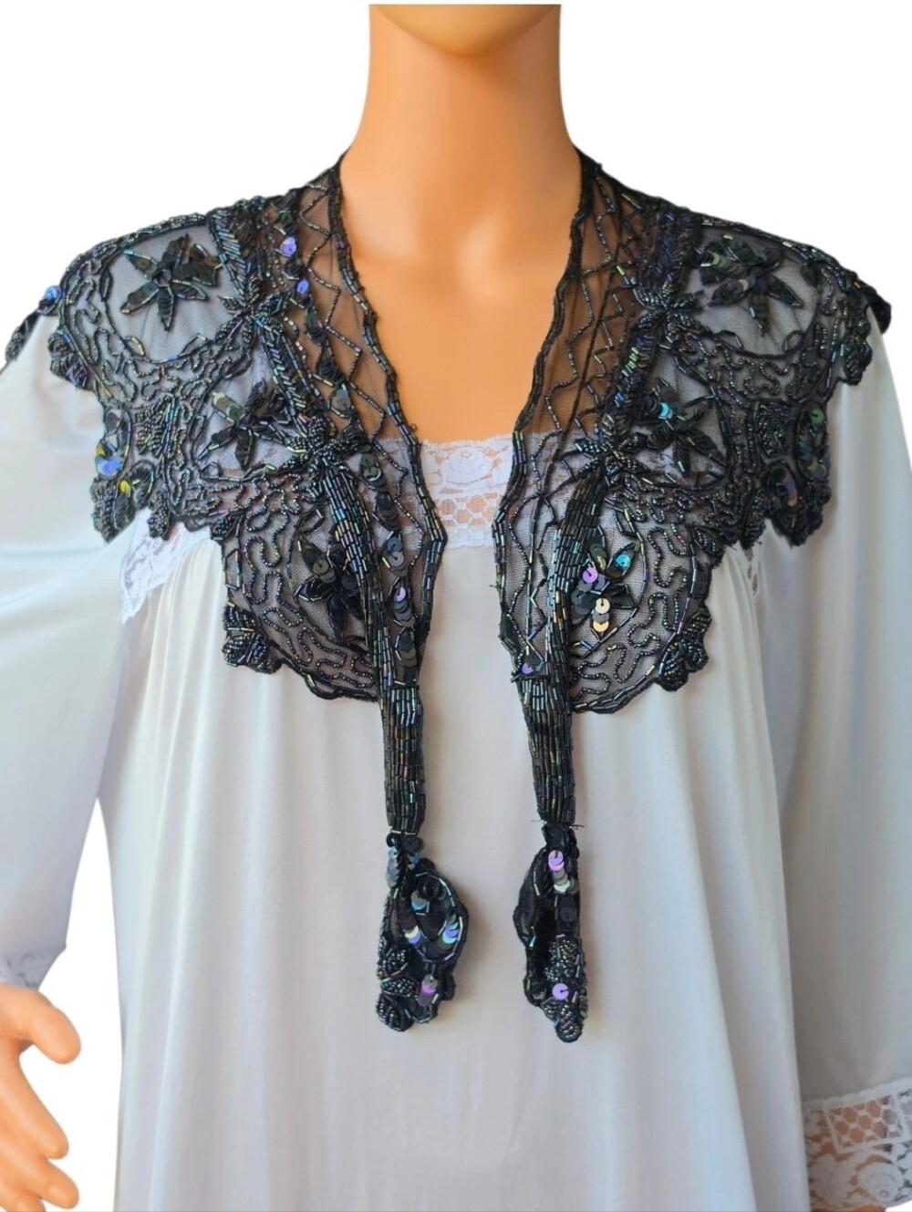 Vintage Black Mesh Beaded Shawl Collar Iridescent Sequin Floral Flapper Capelet